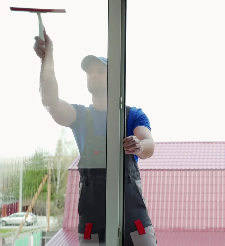 Reinigung einer großen Glasfläche mit dem Abzieher