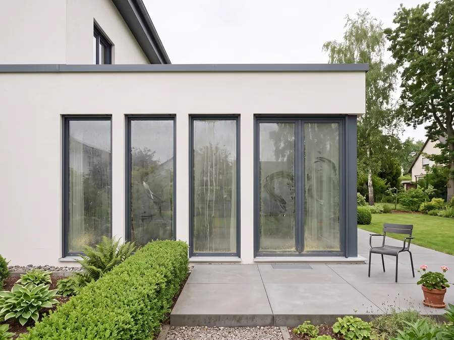 Bodentiefe Fenster eines Einfamilienhauses vor der Reinigung, Glas mit Staubfilm, Wasserflecken und Ablaufspuren