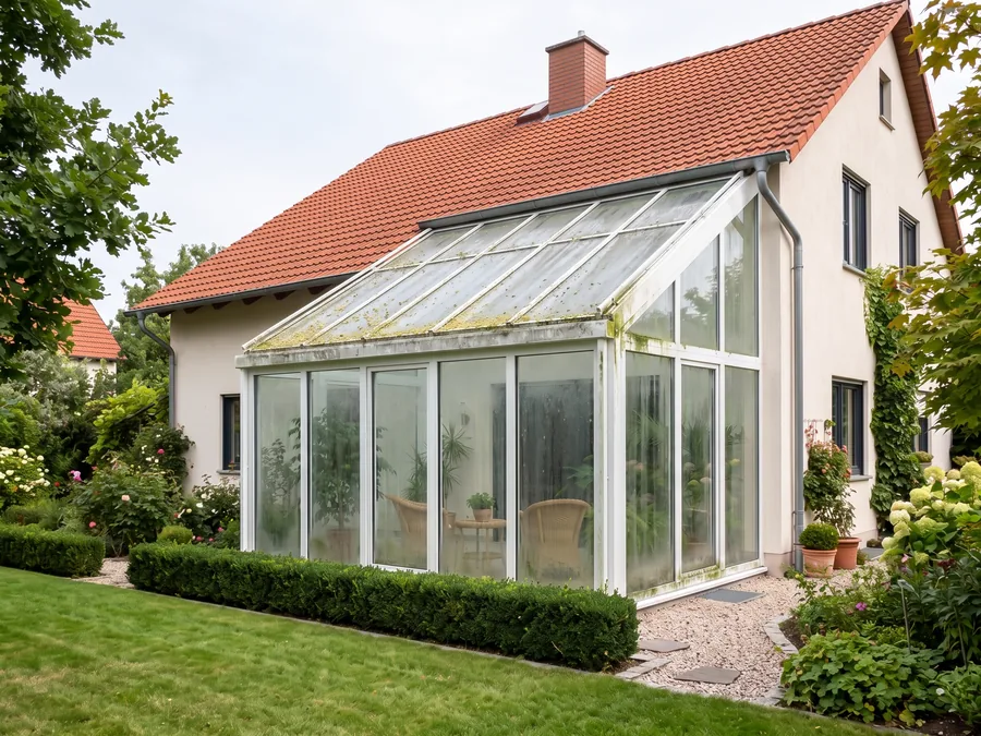 Wintergarten vor der Reinigung, Dachverglasung mit Grünbelag, Pollen und Ablaufspuren